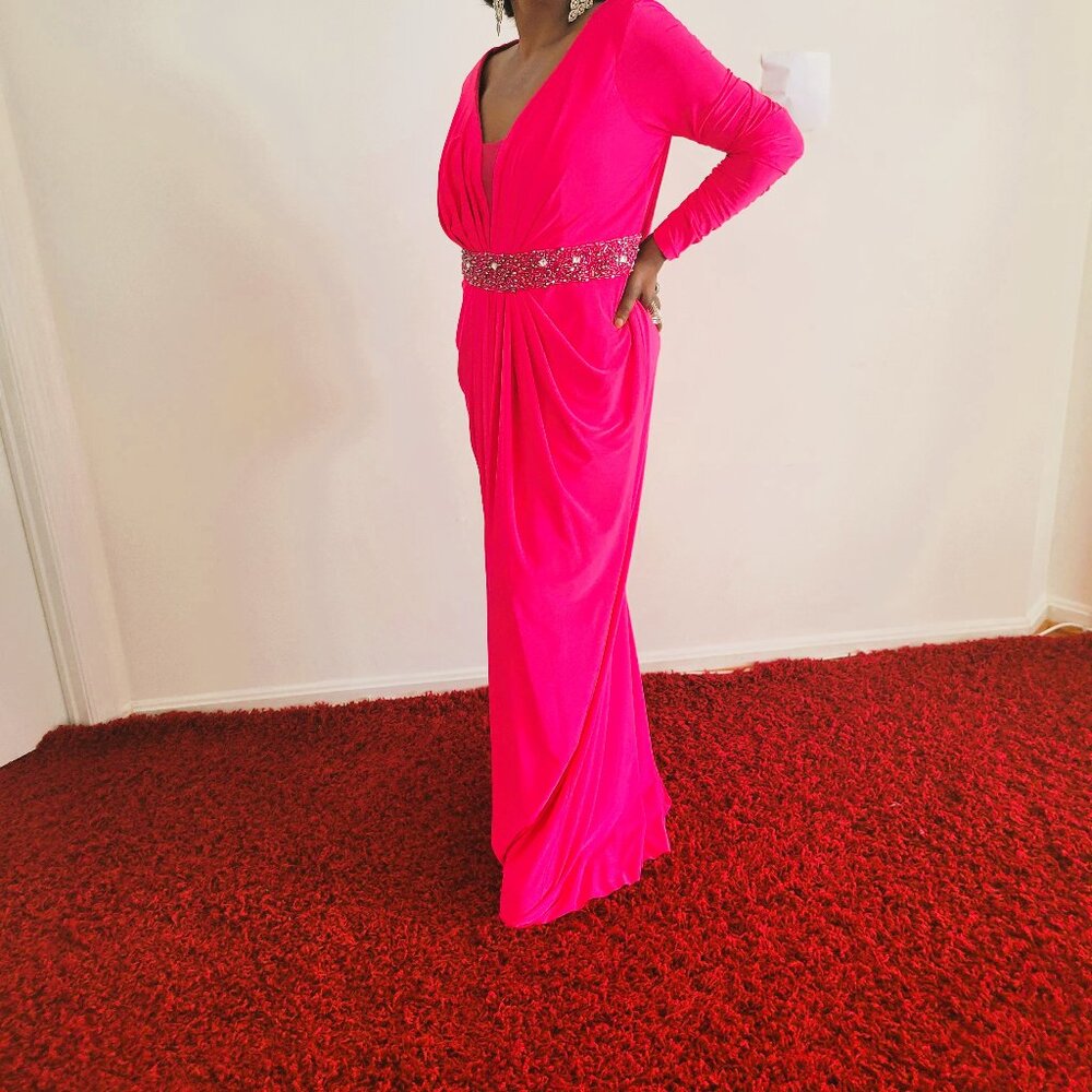 Long Sleeve Fitted Evening Dress Fuchsia